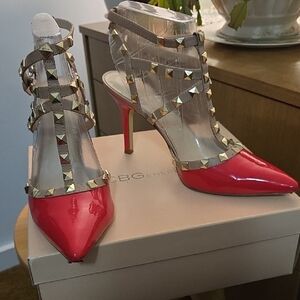 BCBGeneration Red Patten Leather Heels with Gold Stud Accents